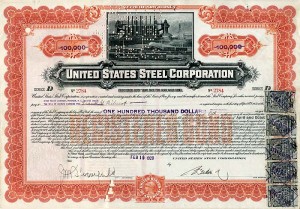 United States Steel Corporation - $100,000 Bond issued to Home Trust Co., Hoboken, NJ Trustee under the will of Andrew Carnegie...